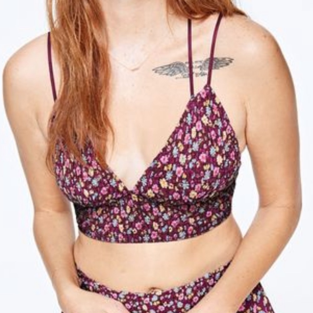 Pink Victoria’s Secret Smocked Triangle Bralette Wireless Maroon Flower Power